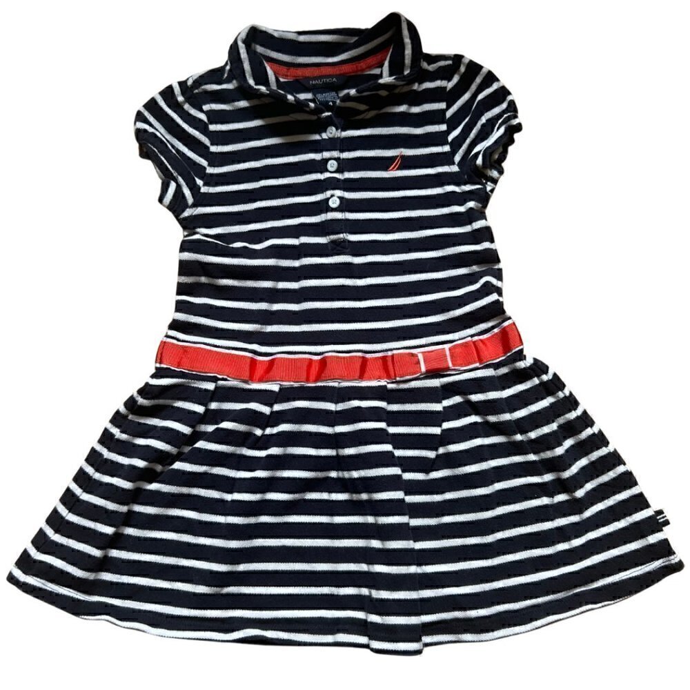 Nautica: Navy Blue White Striped Coral Ribbon Belt Jersey Tennis Skirt Size 4T